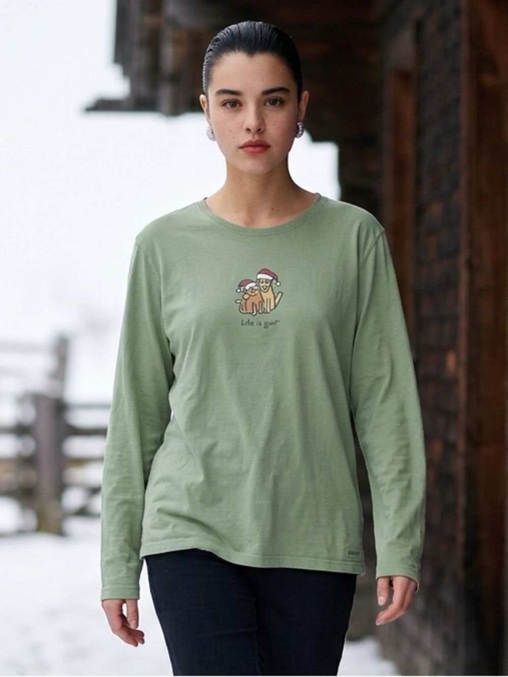 EUC Life Is Good Women’s Green Long Sleeve Tee Shirt Dogs Santa Hat - Size XXL